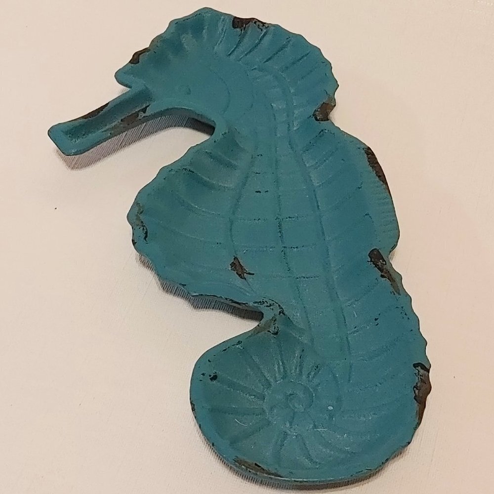 CUTE CAST IRON SEAHORSE TRINKET DISH TEAL
